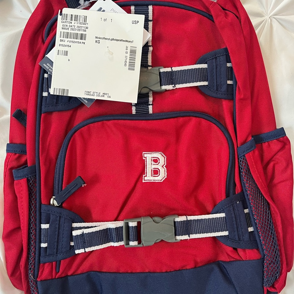 Brand new pottery barn backpack. Has monogram of B on it